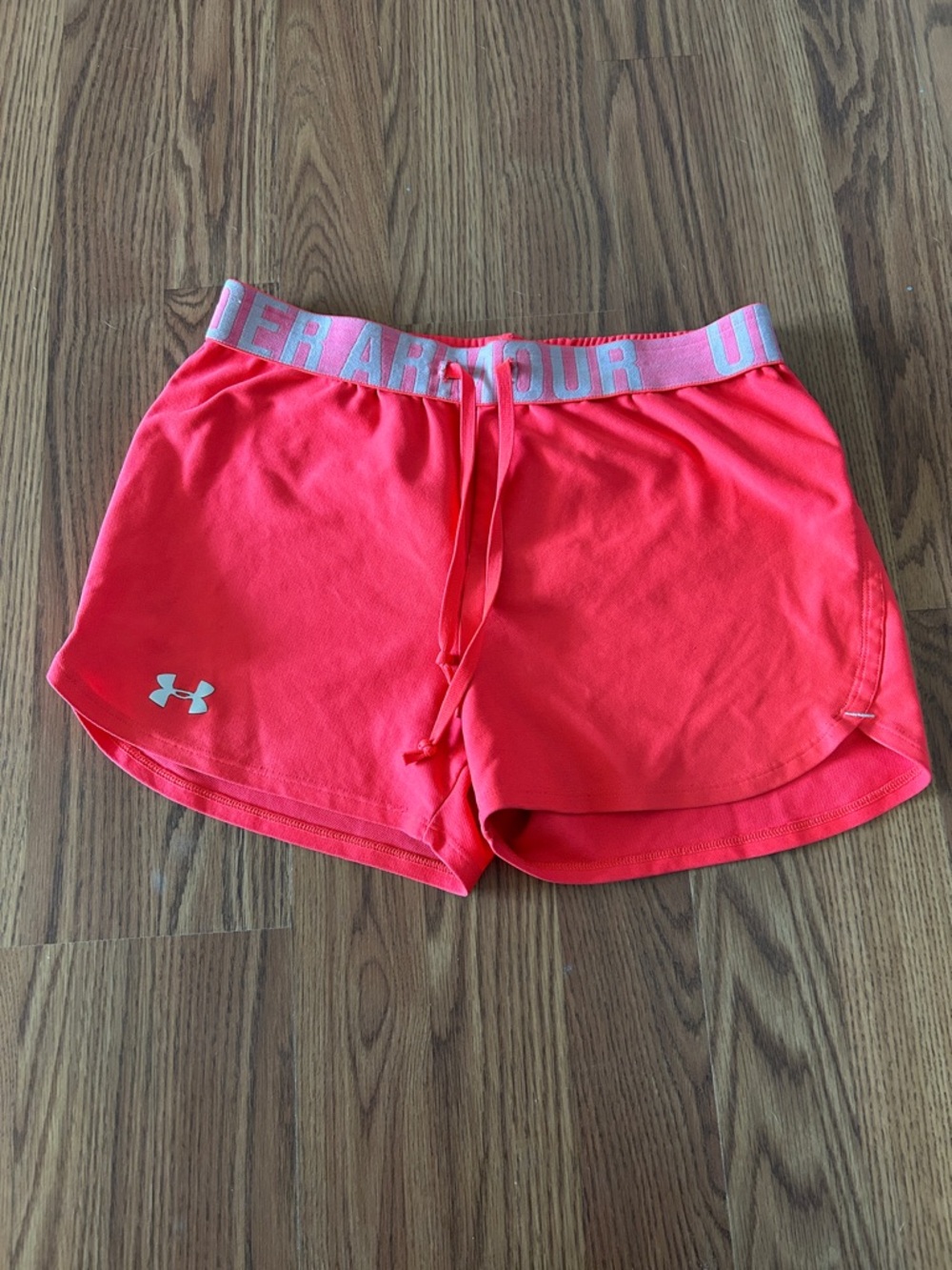Under Armour Women’s Coral Pink Athletic Shorts with Logo Waistband, XS